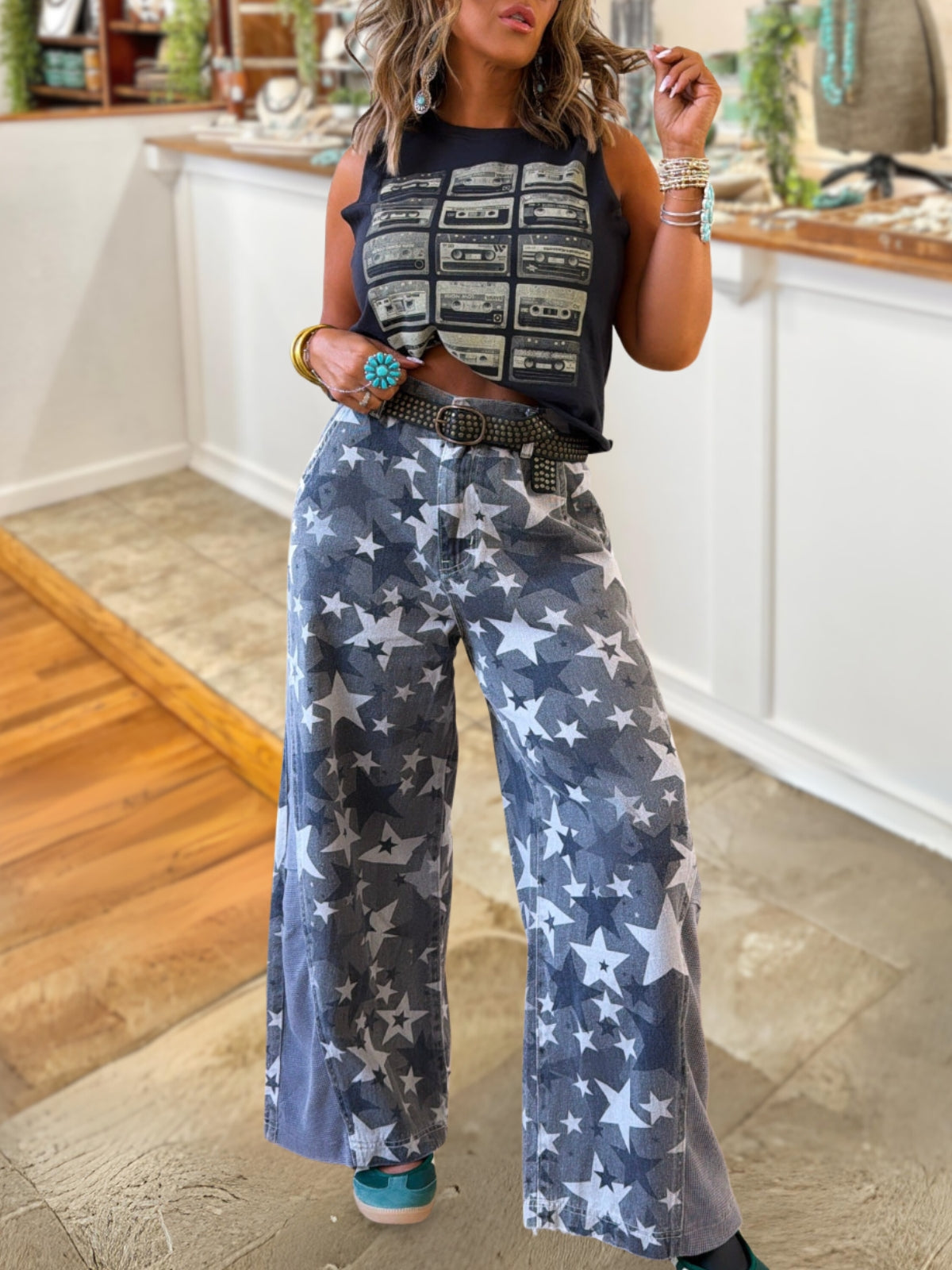 All-Over Star Print Wide Leg Jeans