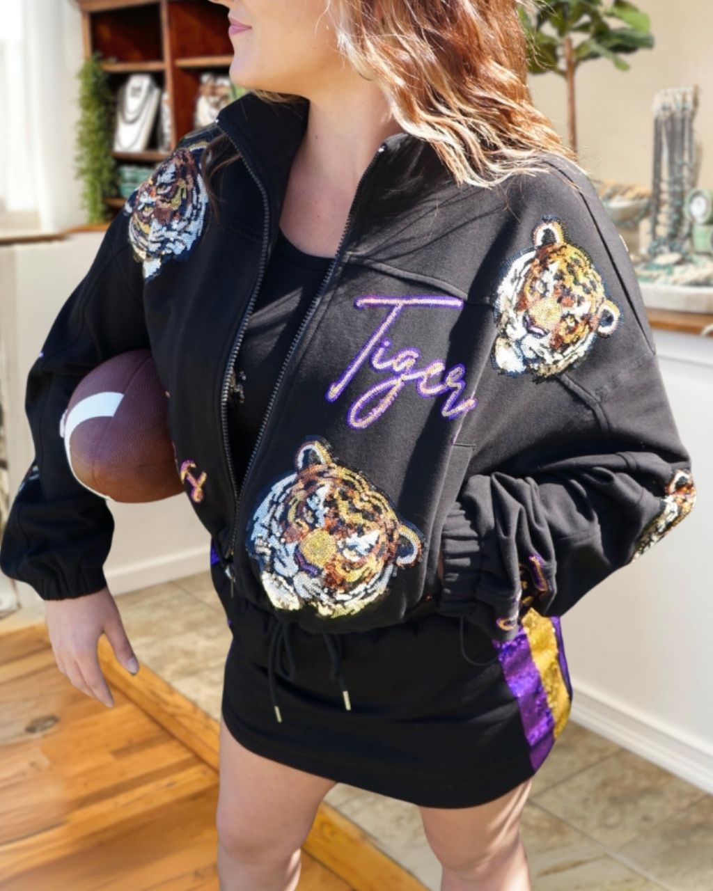 Tiger Head Sequin Game Day Zipper Jacket