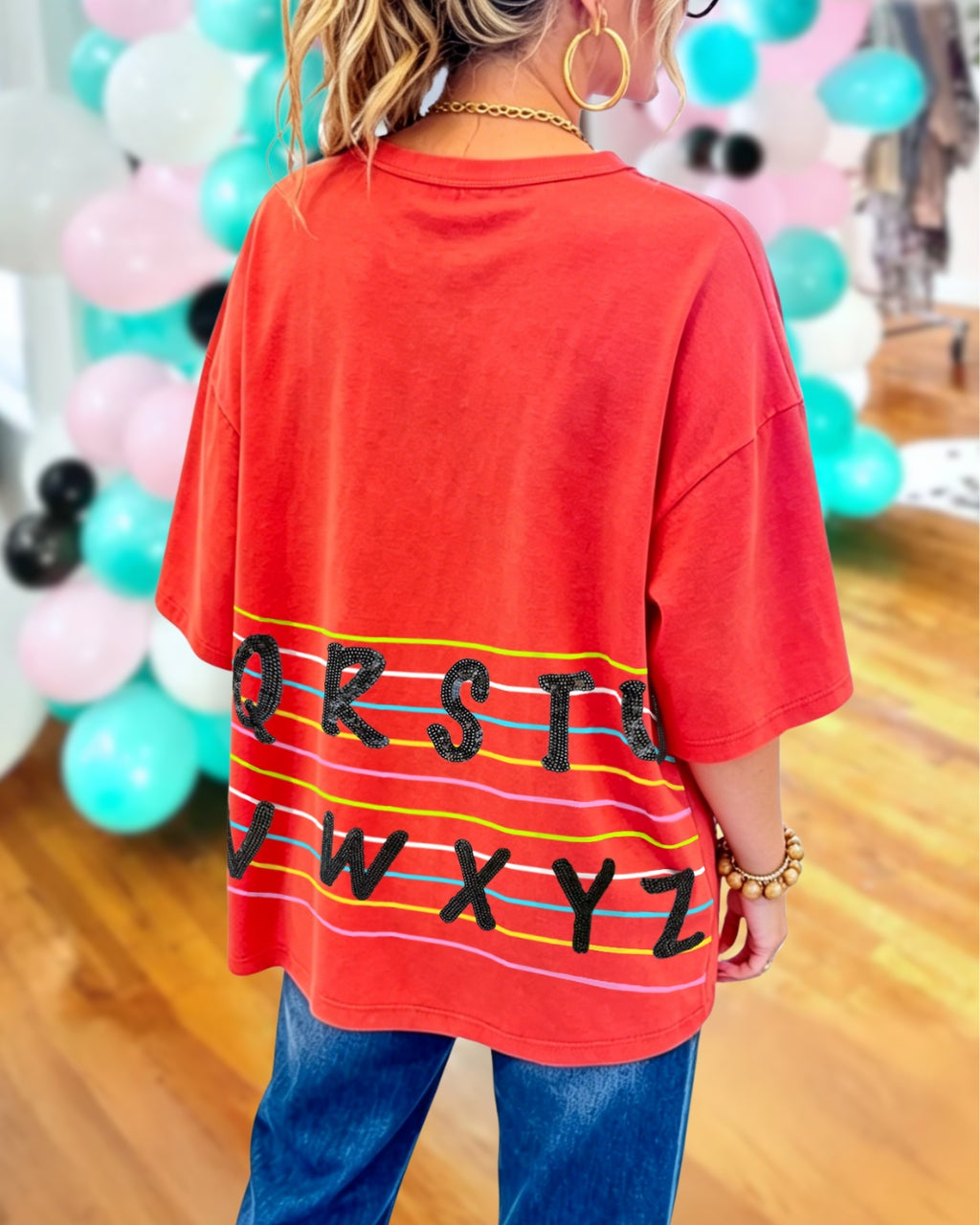 Letter Sequin Colorful Striped T-Shirt