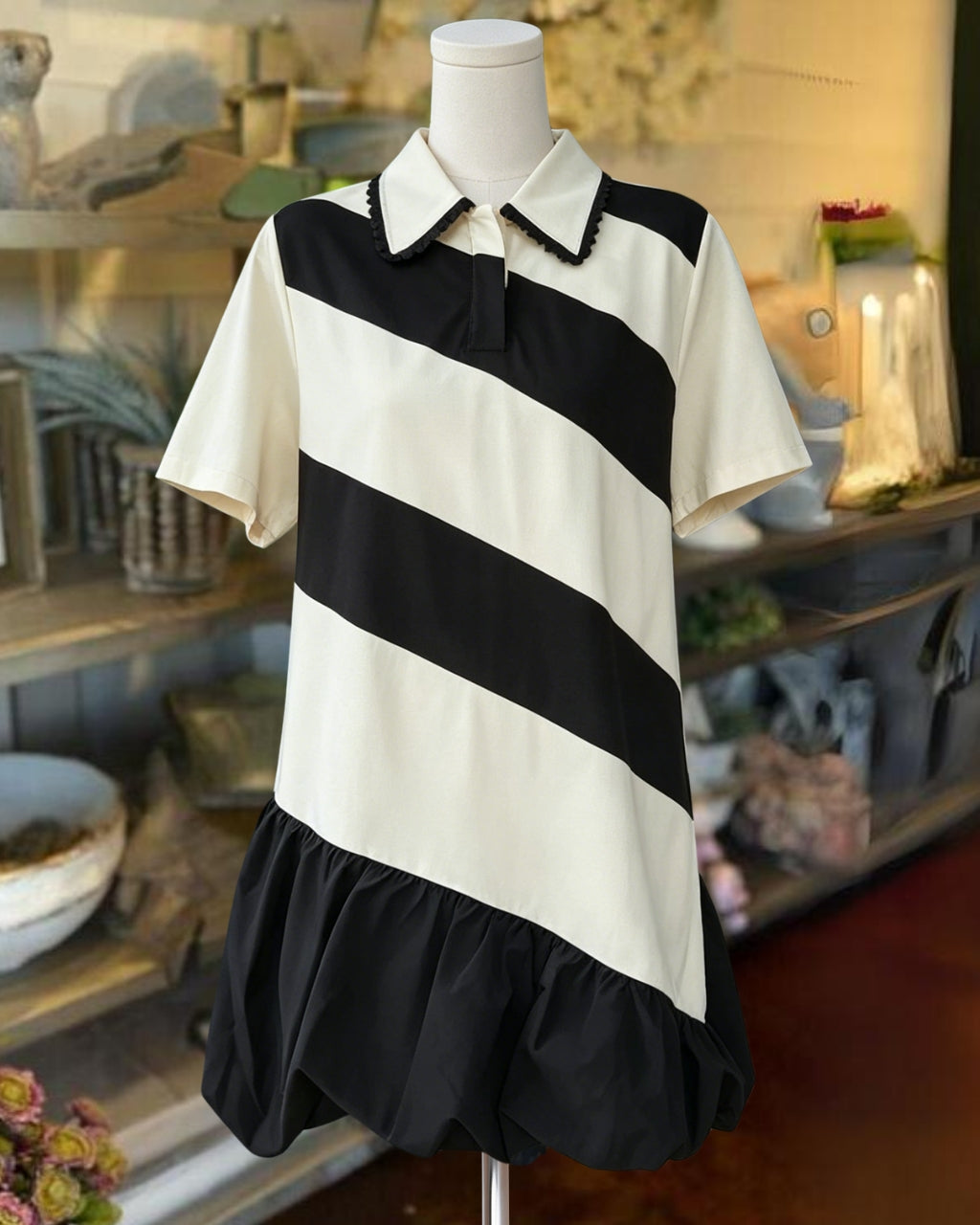 Diagonal Striped Ruffle Hem Dress