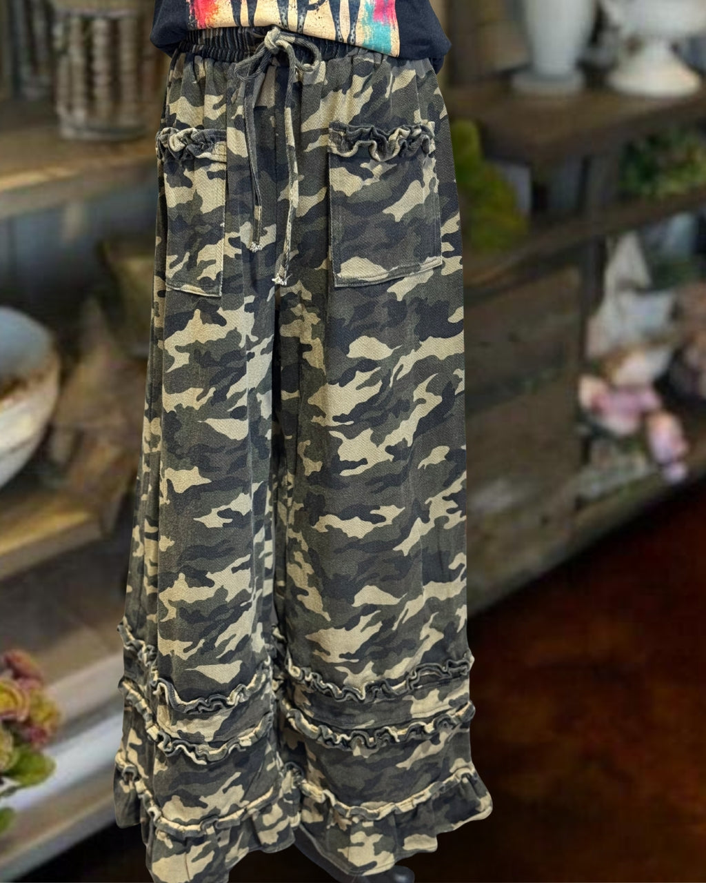 Duo Ruffle Trim Camo Pants
