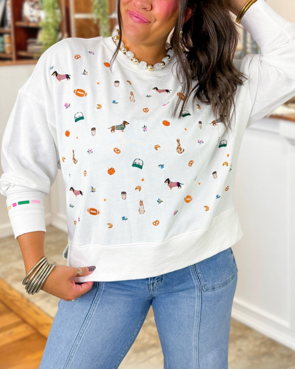 Autumn Dachshund Embroidery Pullover