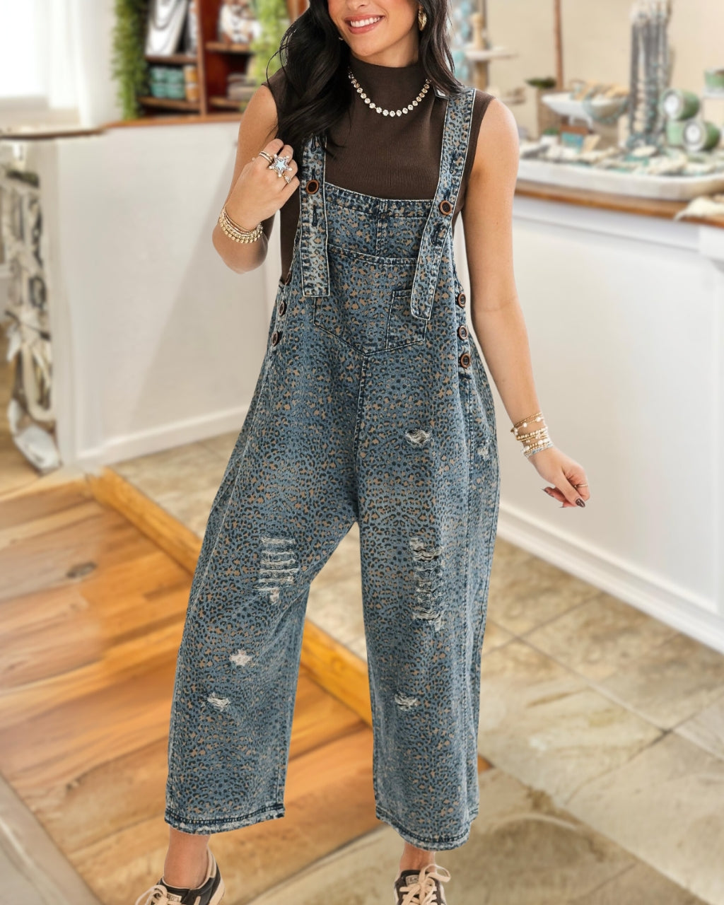 Trendy Leopard Denim Overalls
