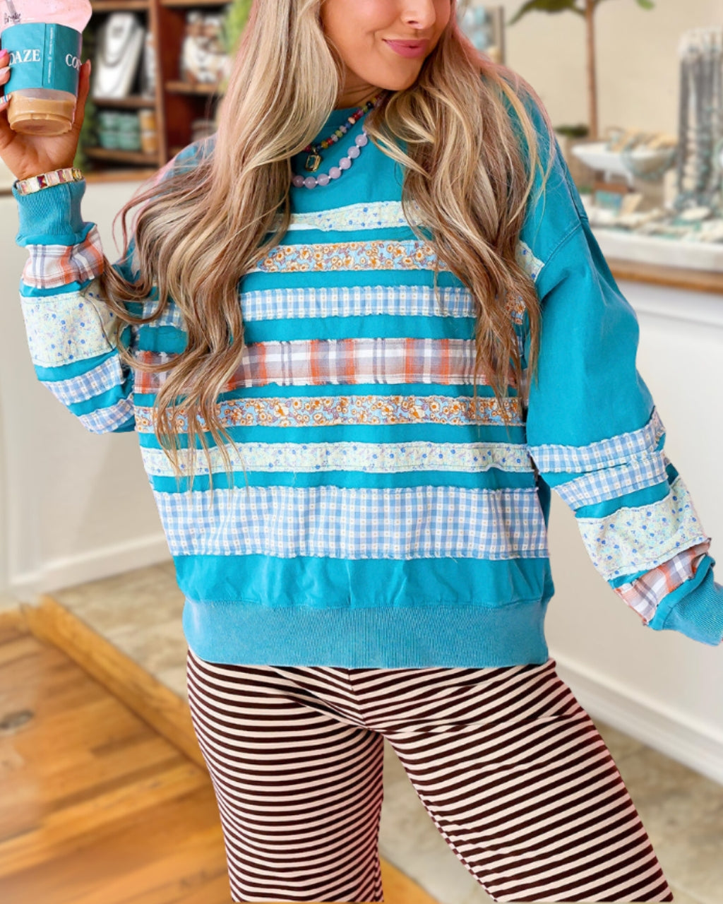 Loose Floral Striped Patchwork Pullover