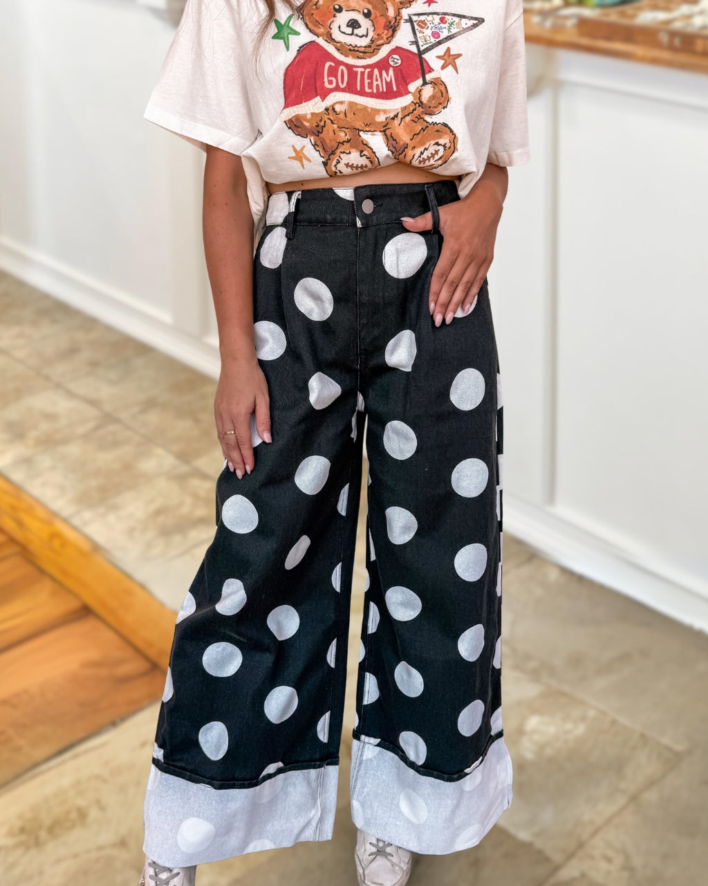 Polka Dot Roll Up Denim Pants