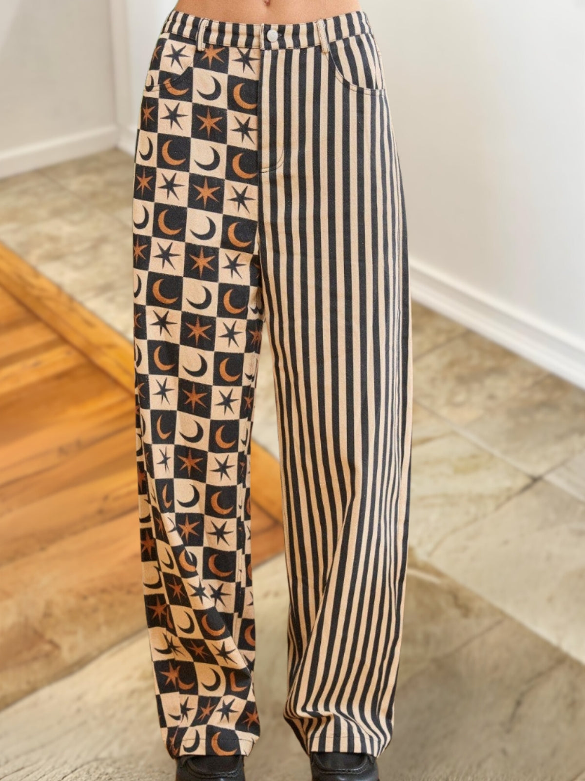 Striped Star Moon Checkerboard Patchwork Pants