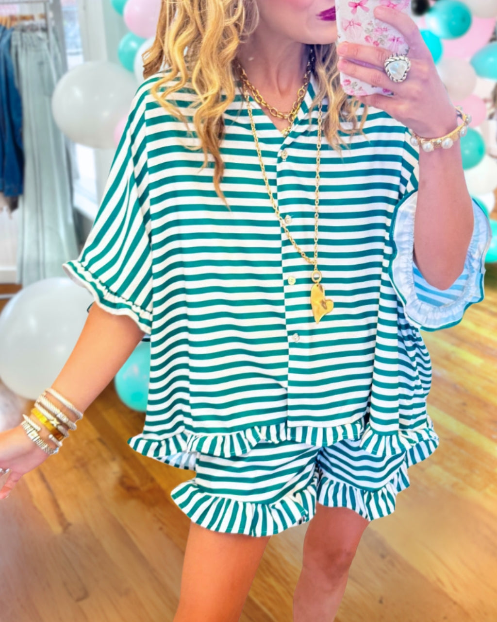 Casual Striped Ruffled Shorts Set