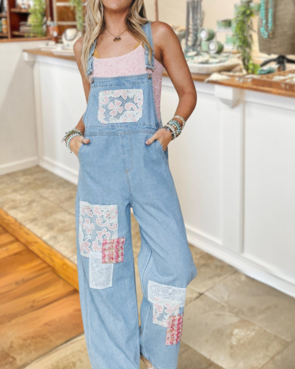 Lace Patchwork Denim Overalls