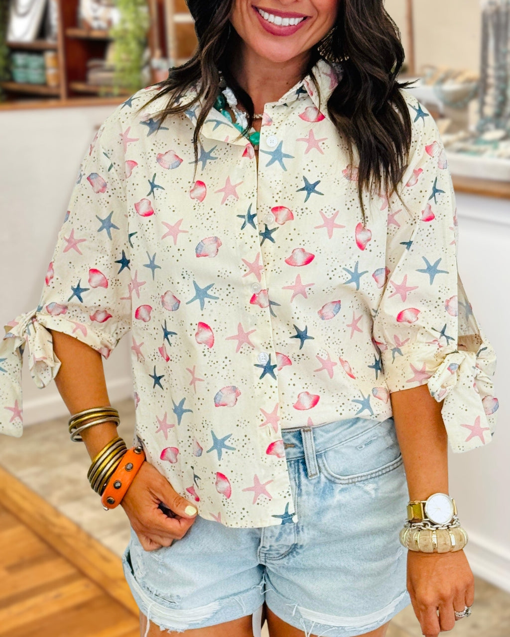 Chic Starfish Seashell Satin Shirt