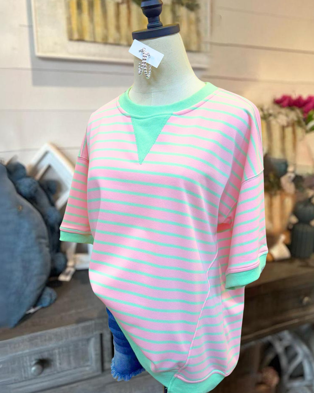 Ribbed Trim Striped Top
