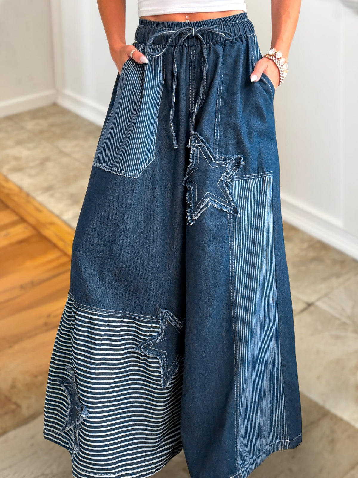 Star Appliqué Embroidered Patchwork Jeans