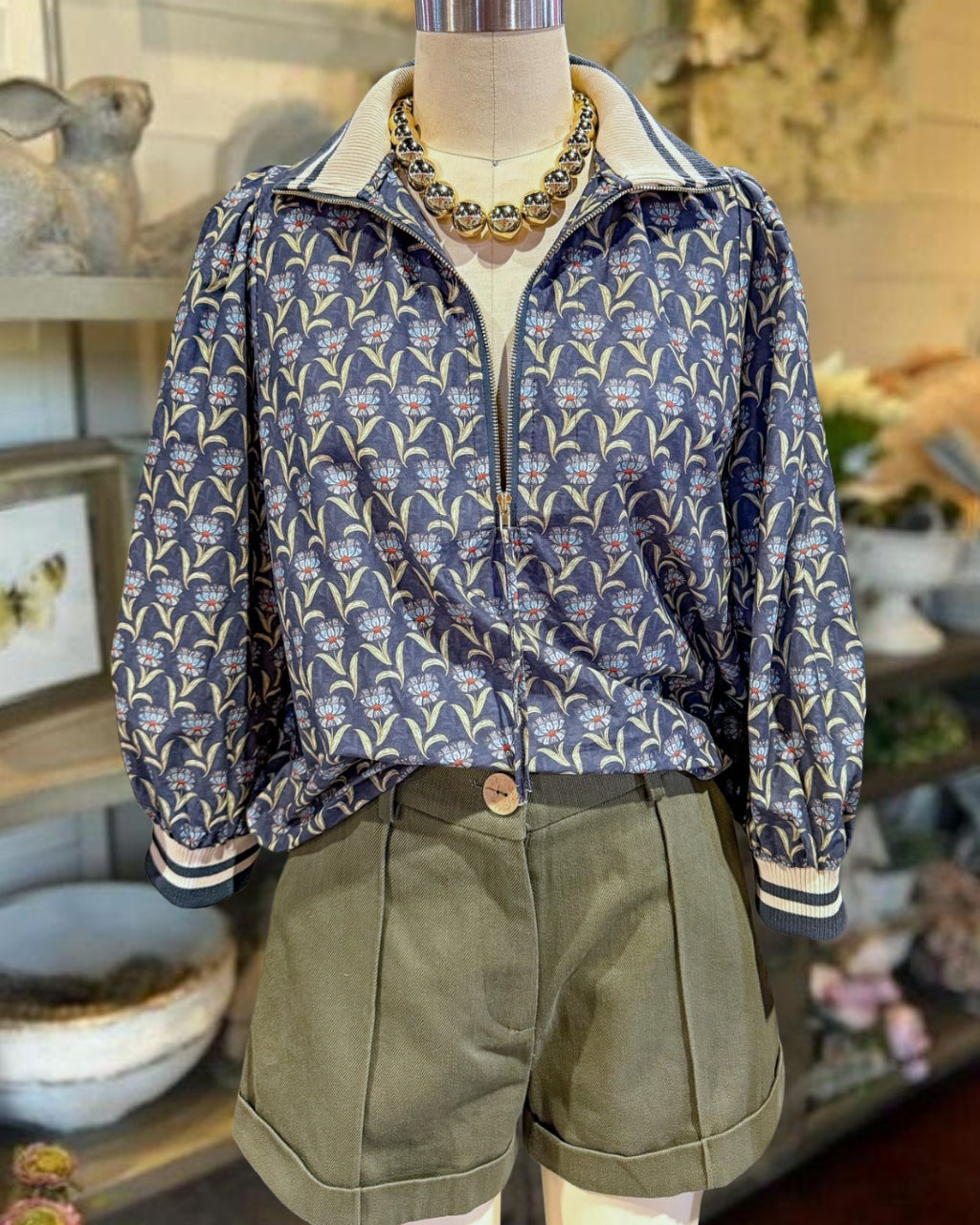 Floral-Patterned Half-Zip Top
