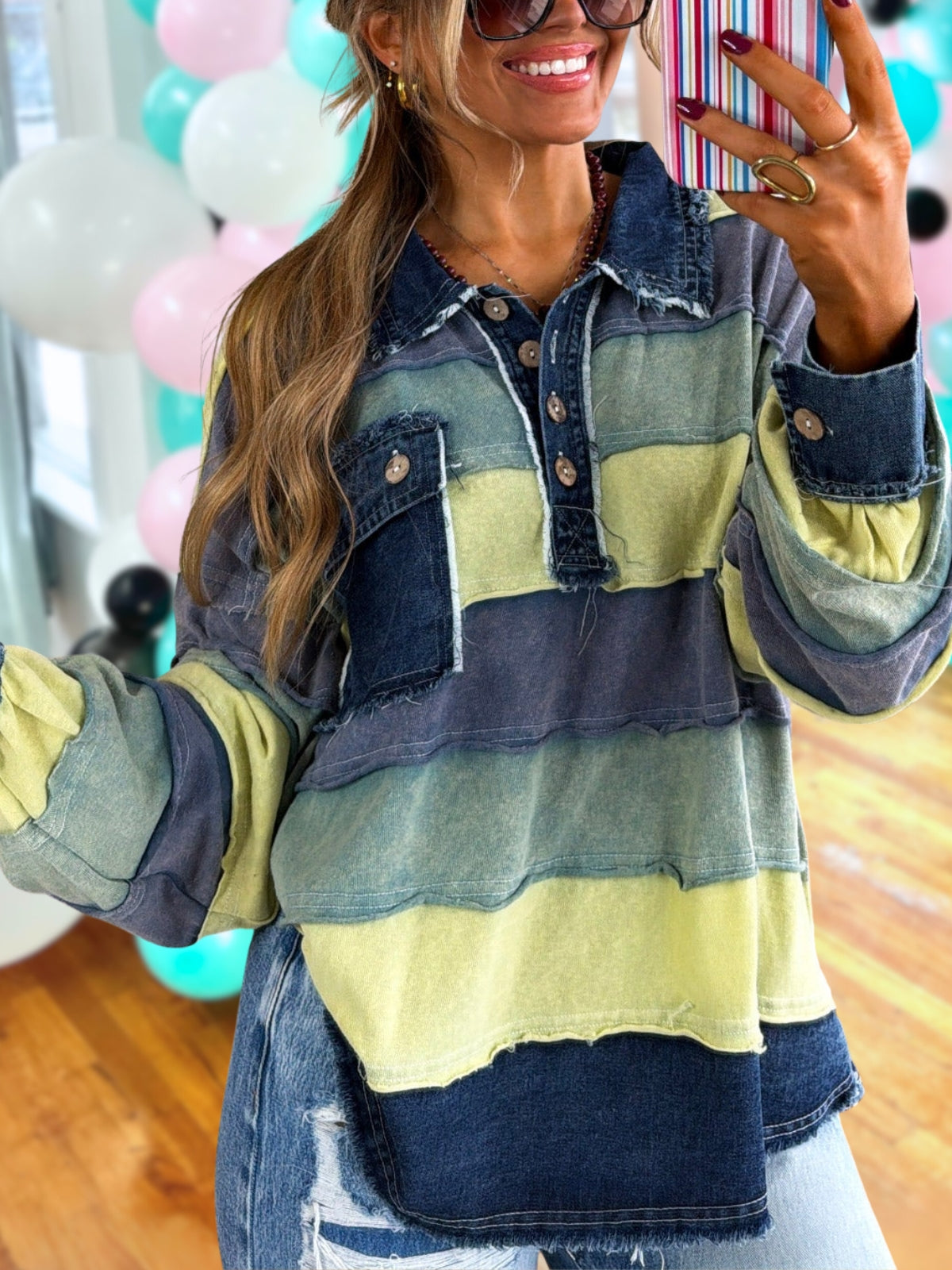 Color-blocked Patchwork Distressed Washed Pullover