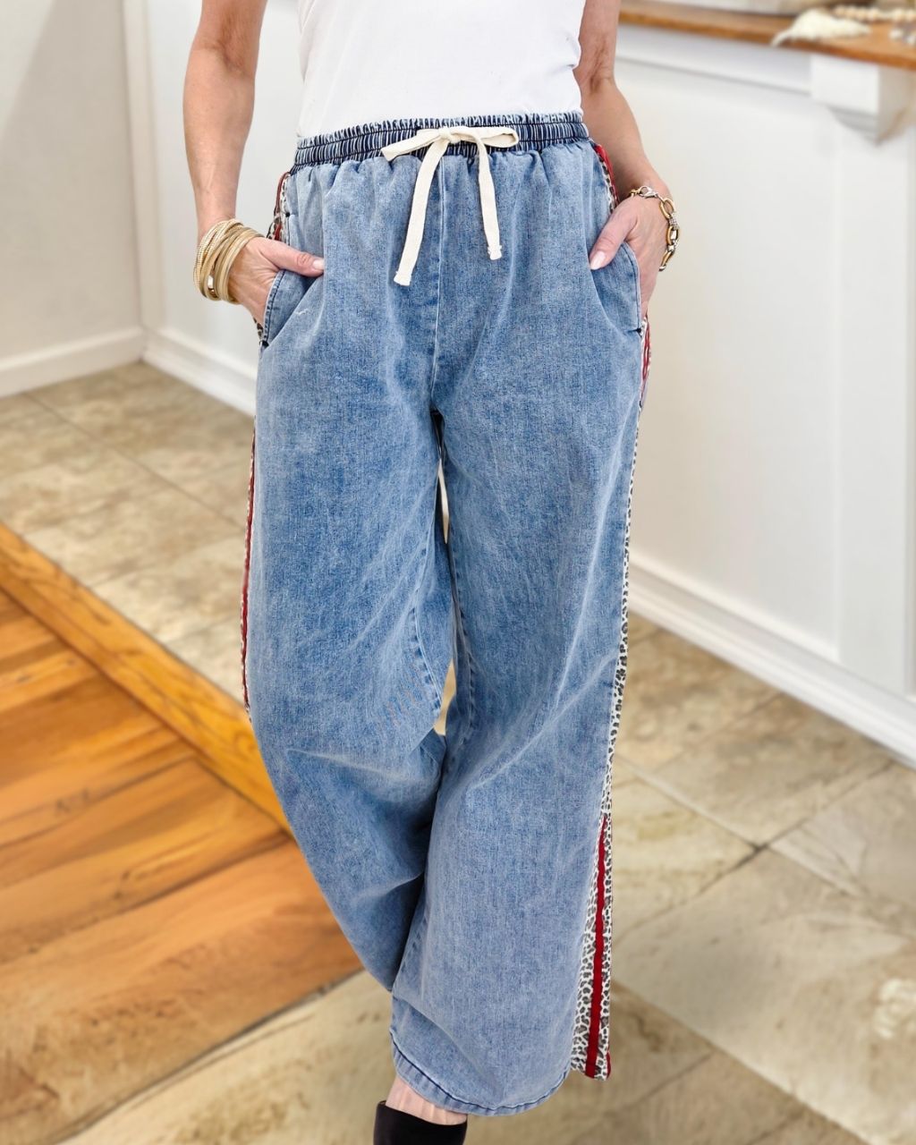 Leopard Side-stripe Washed Denim Jeans