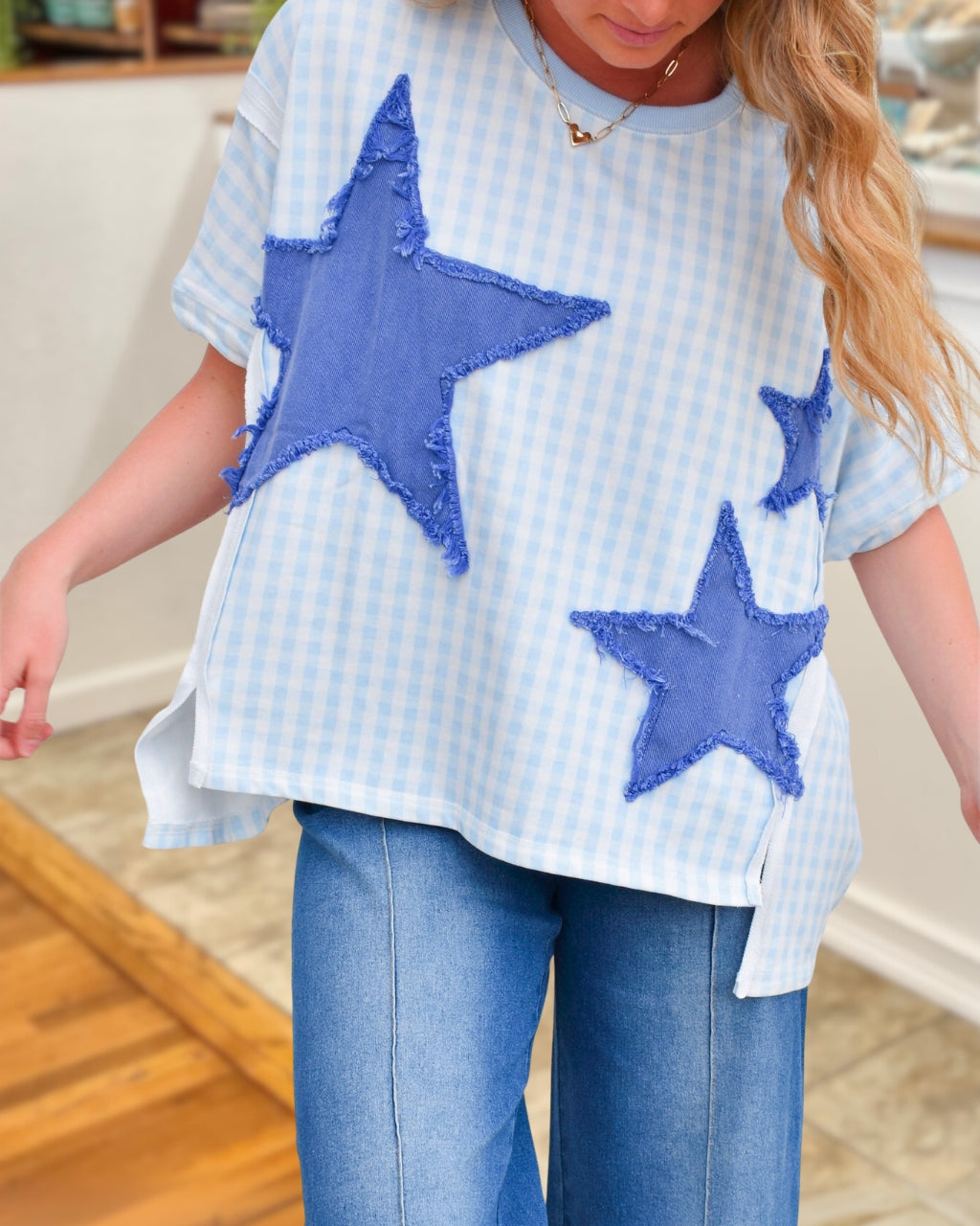 Star Embroidered Plaid Top
