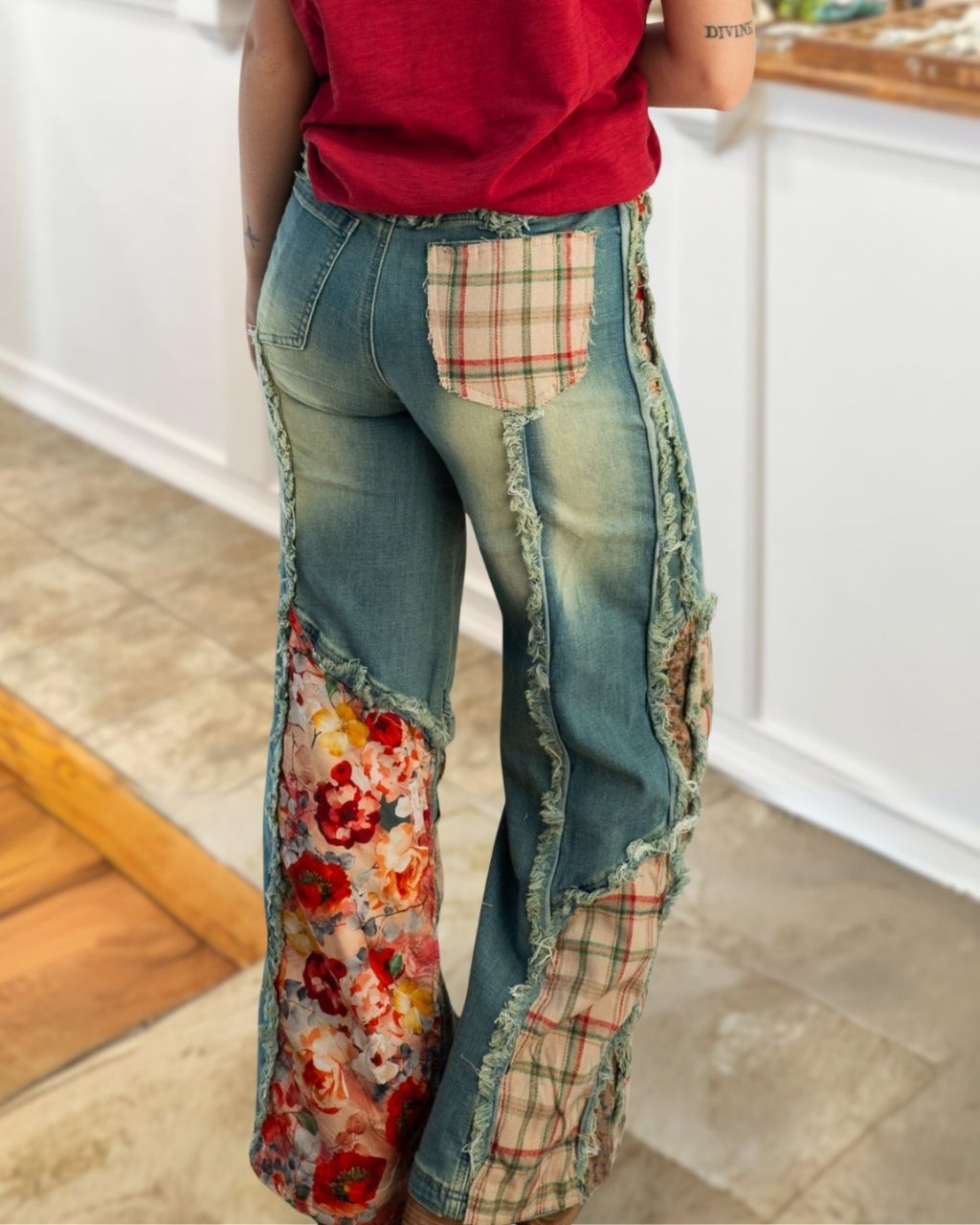 Floral Patchwork Stretch Denim Jeans