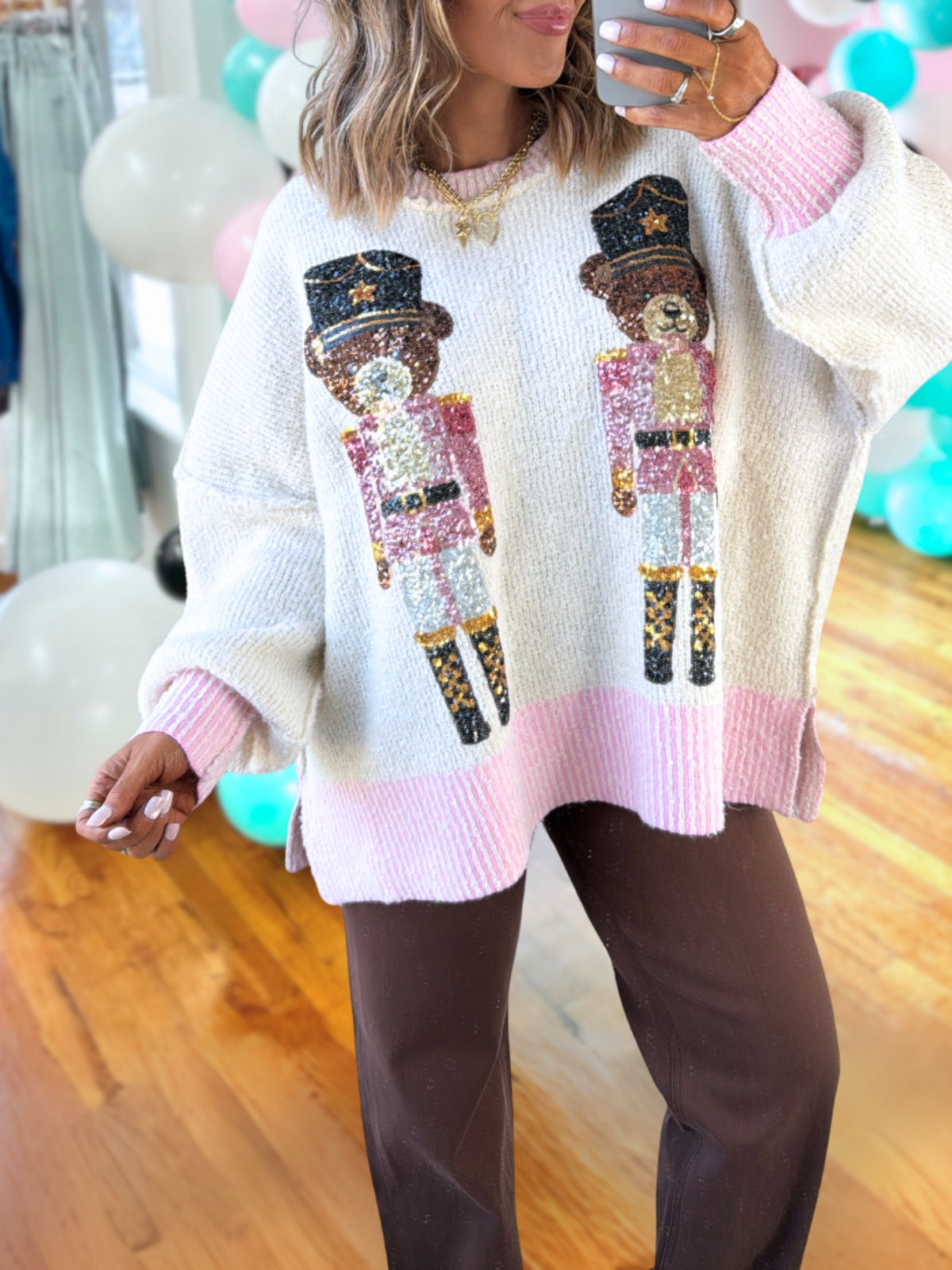 Teddy Bear Nutcracker Sequined Pullover