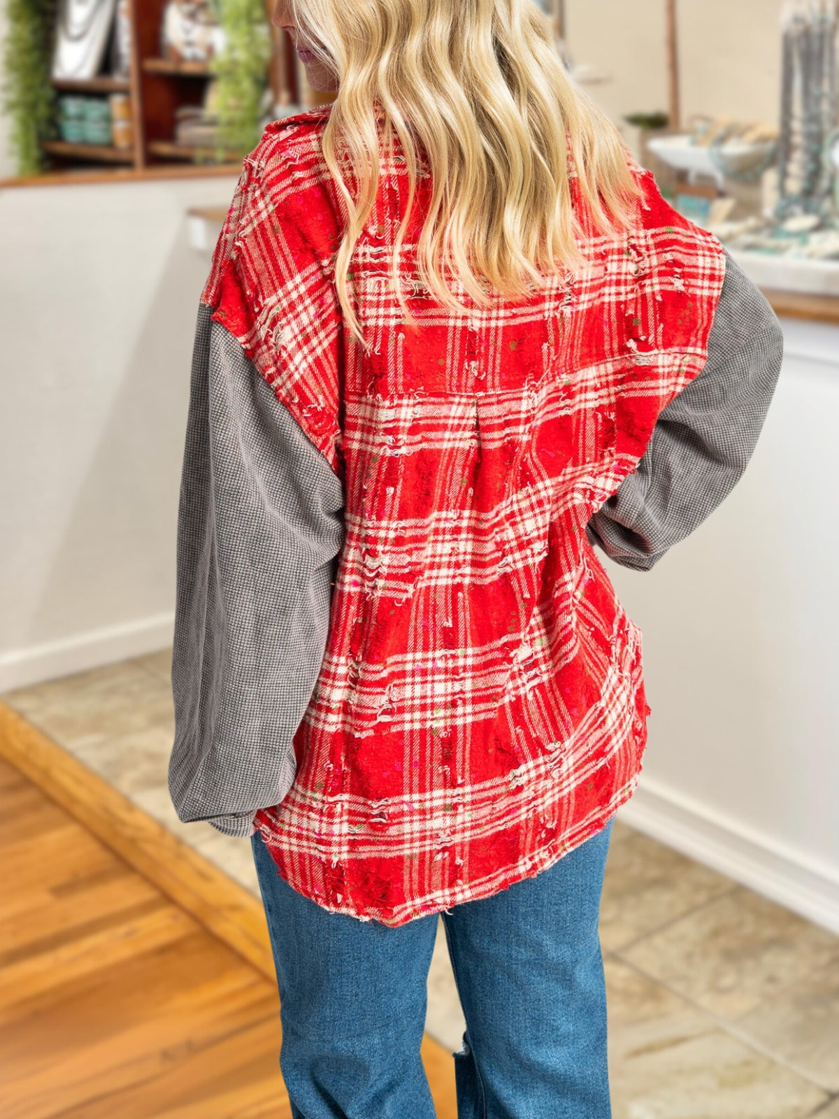 Plaid Patchwork Waffle Wool Blend Shirt