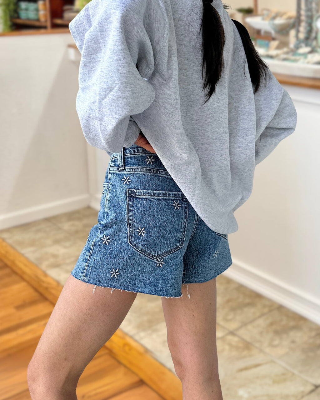 Daisy Embroidered Denim Shorts