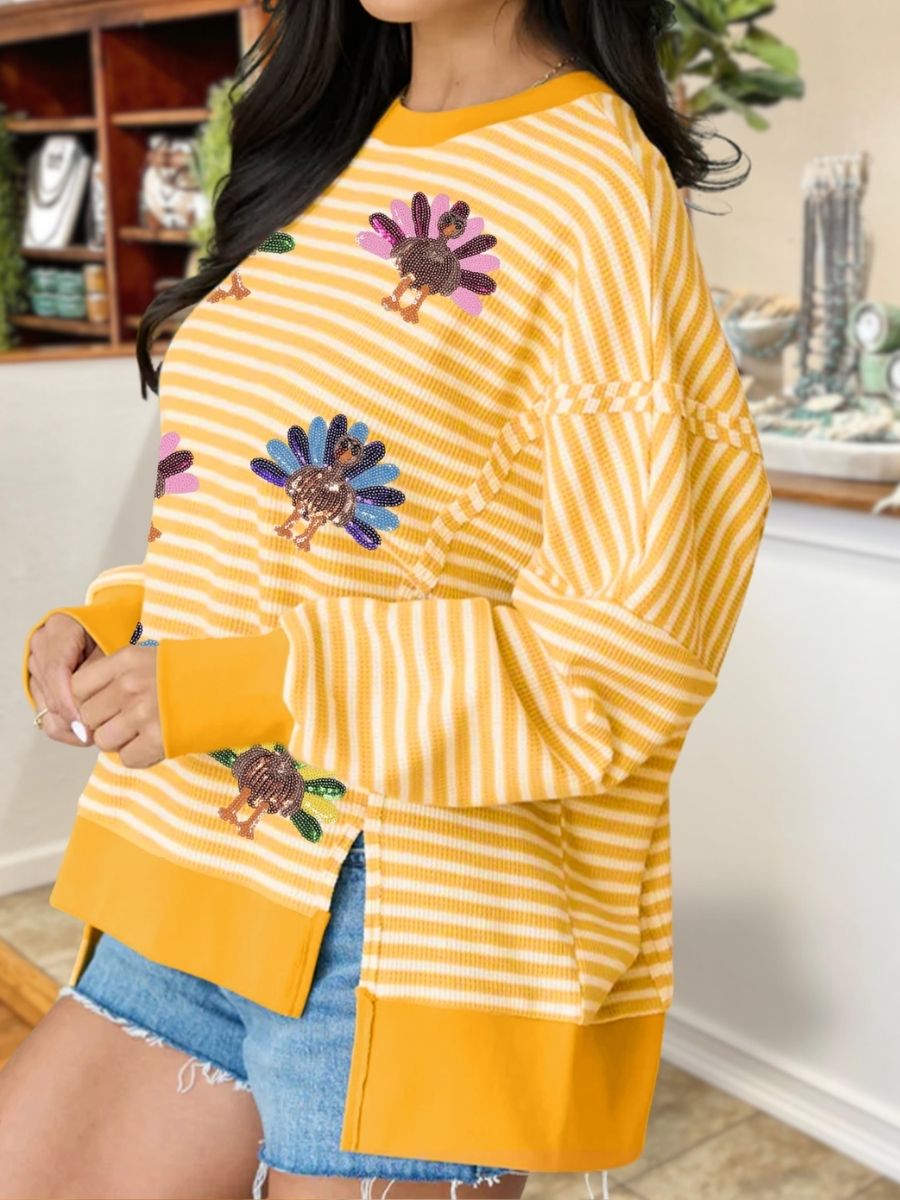Thanksgiving Sequined Turkey Striped Pullover