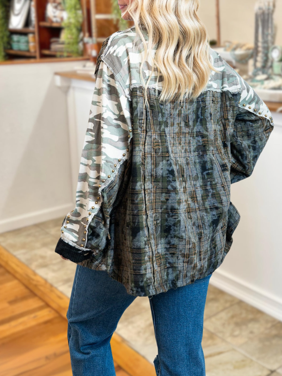 Camo Plaid Wool-Blend Patchwork Shirt