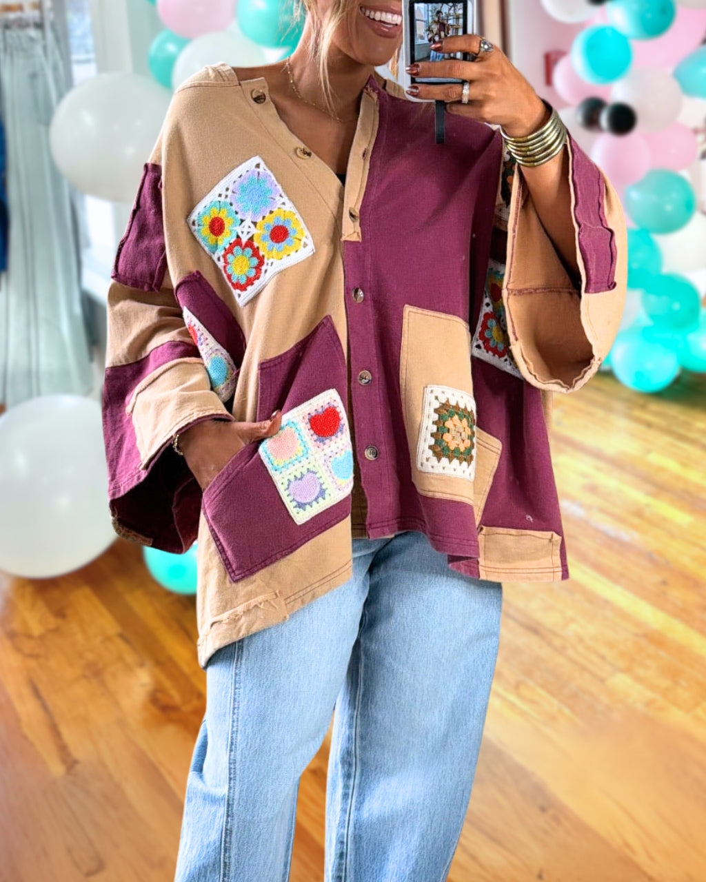 Floral Washed Crochet Embroidered Pocket Jacket