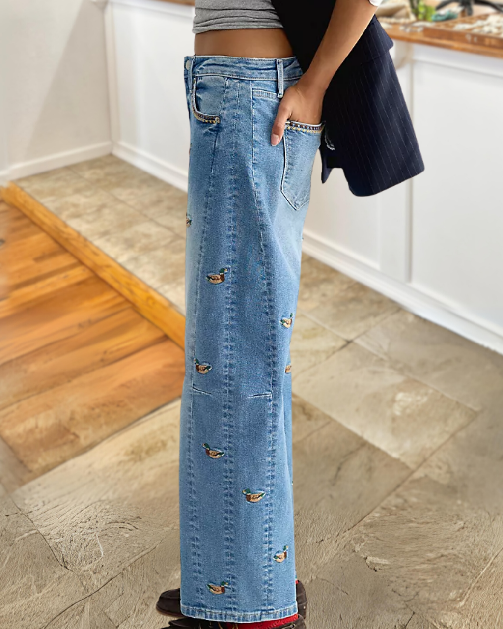 All-Over Mallard Duck Embroidery Jeans