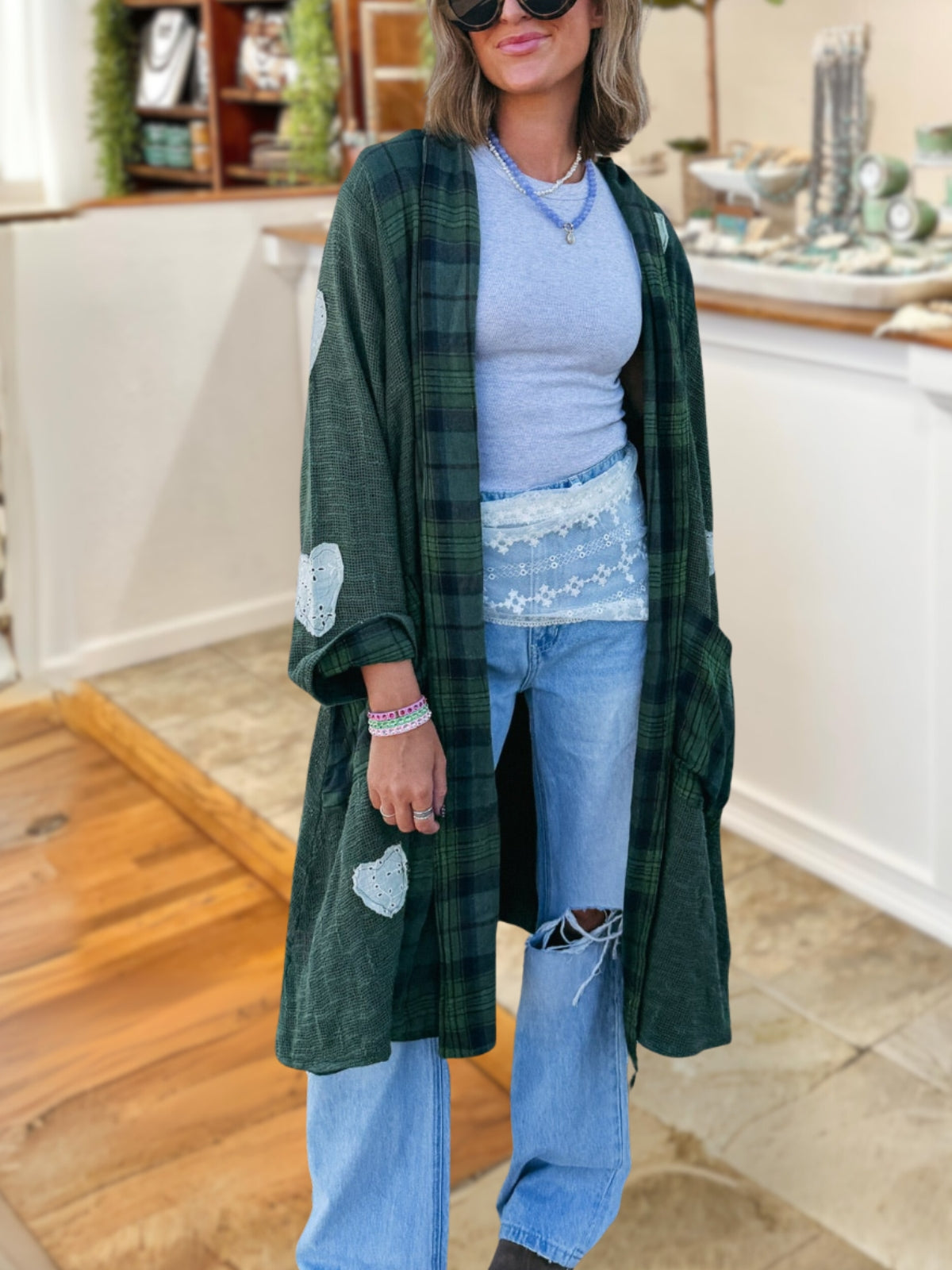 Love Woolen Plaid Spliced Waffle Top