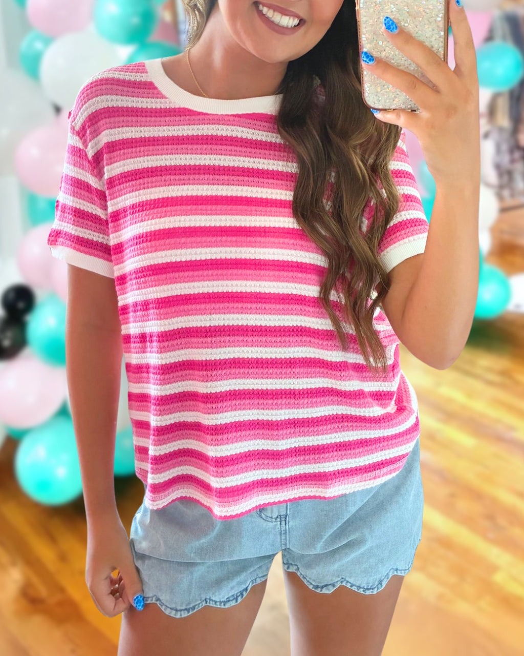 Waffle-textured Color-block Striped Top