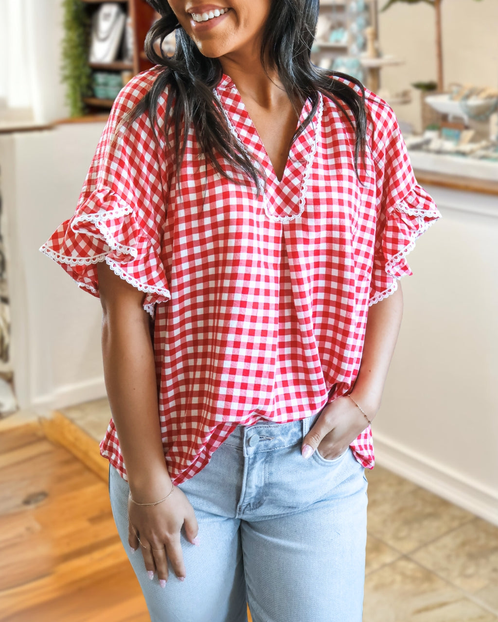 Lace-Trimmed Plaid V-neck Top