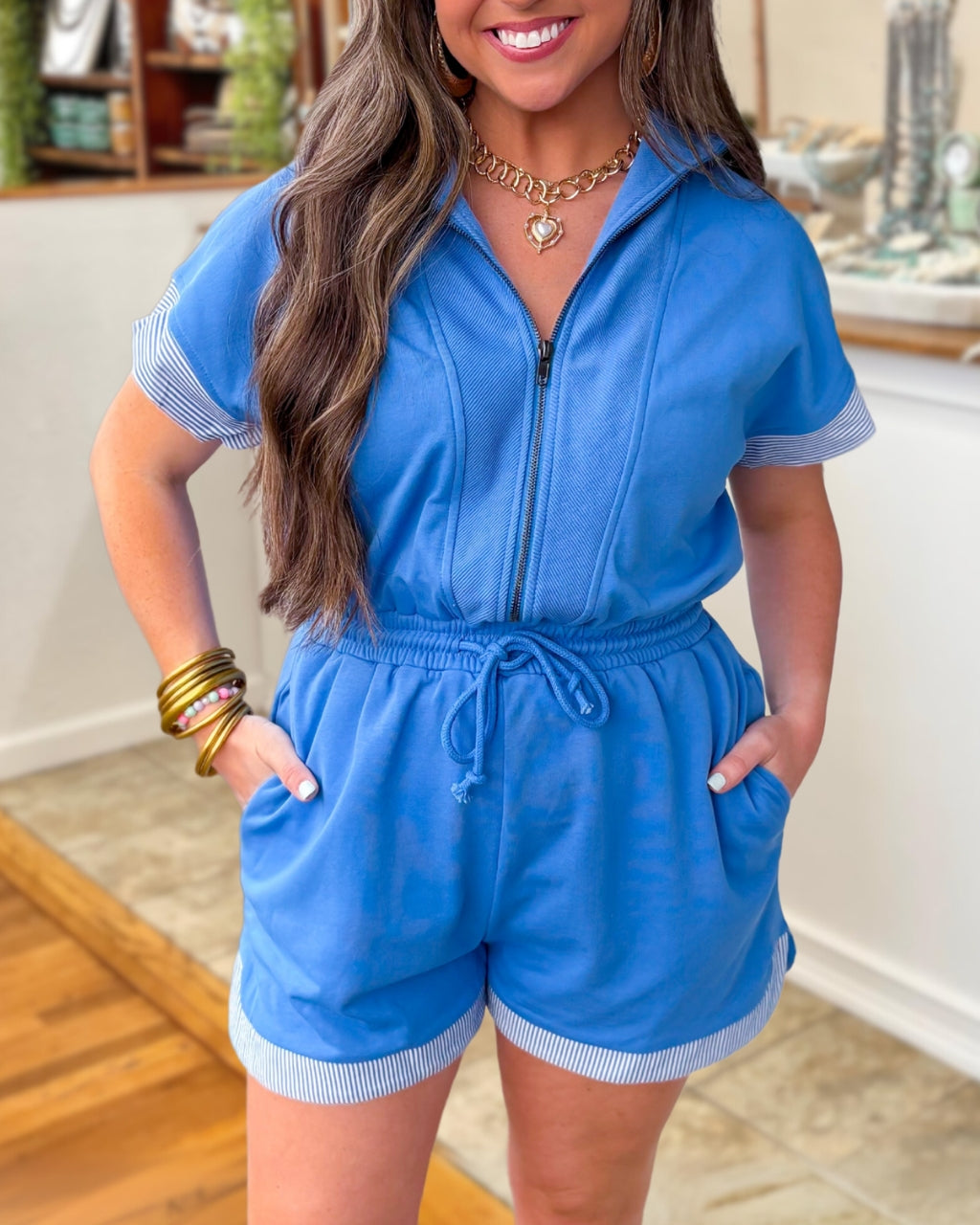 Stylish Zippered Striped Trim Jumpsuit