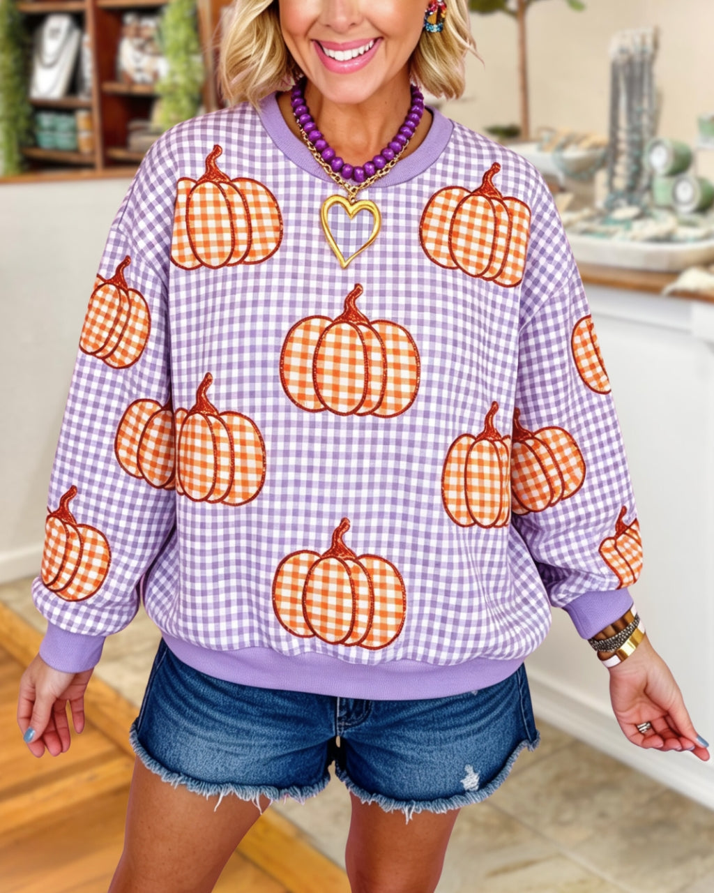 Casual Sequins Plaid Pumpkin Pullover