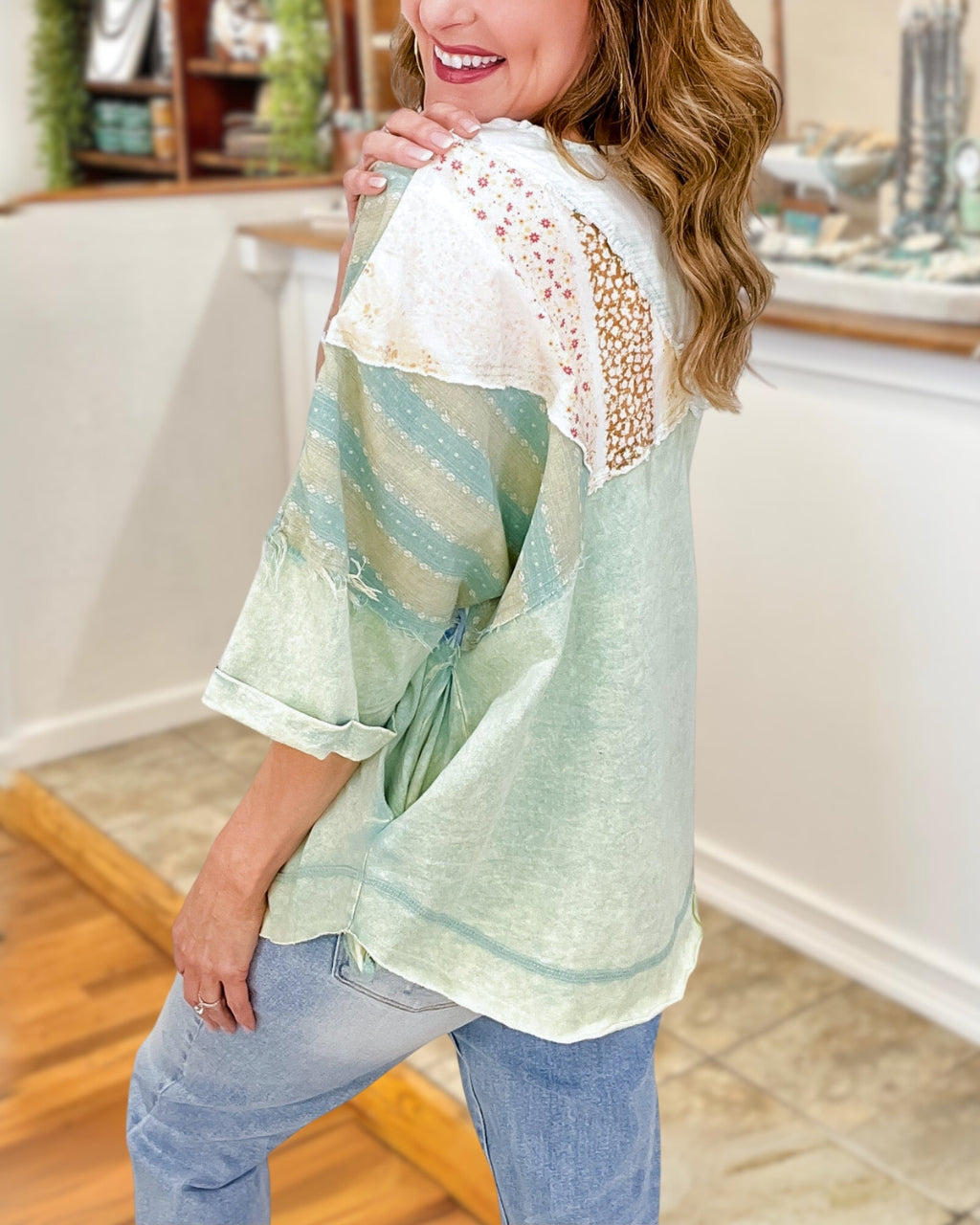 Playful Mixed Prints Henley Top