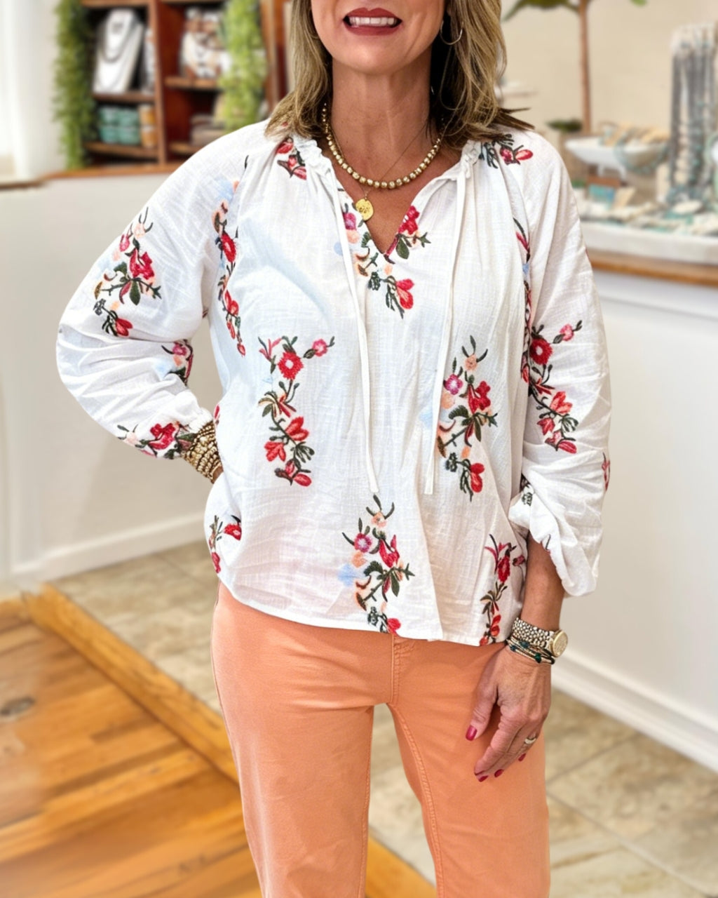 Floral Embroidered Linen V-Neck Top