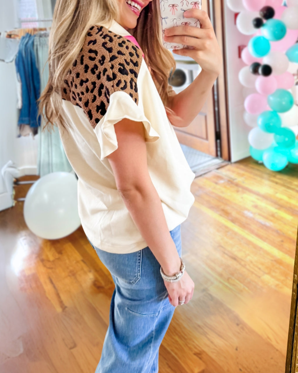 Patchwork Leopard Print Polo Top