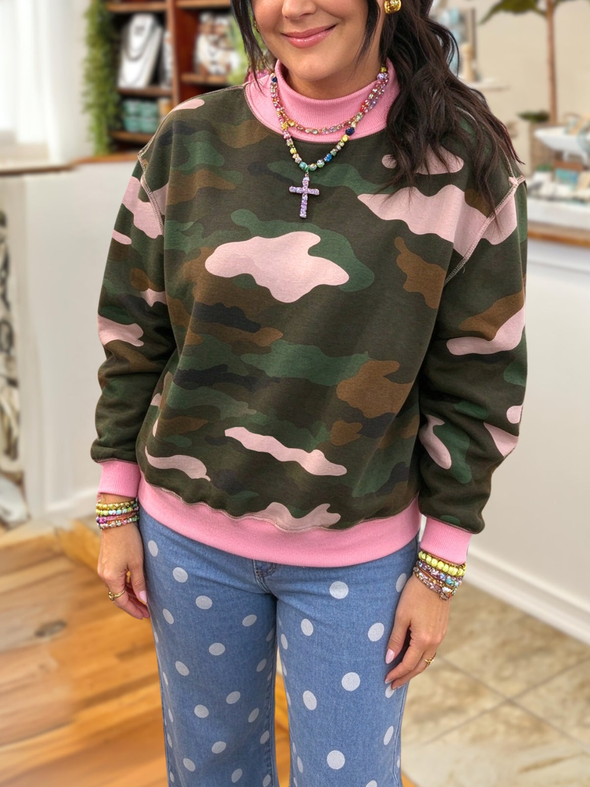 Camouflage Colorblock Turtleneck Pullover