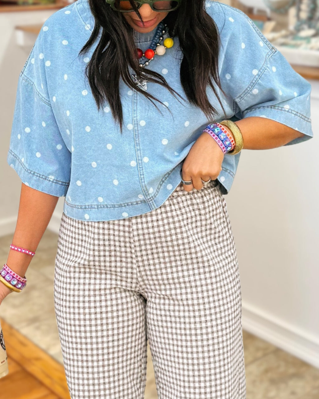 Polka-dot Cropped Denim Top