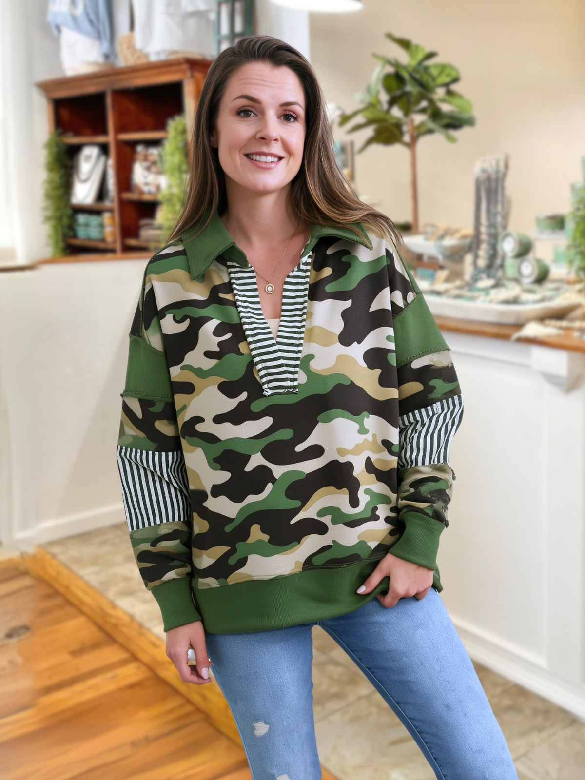 Camouflage Striped Color-Blocked Pullover