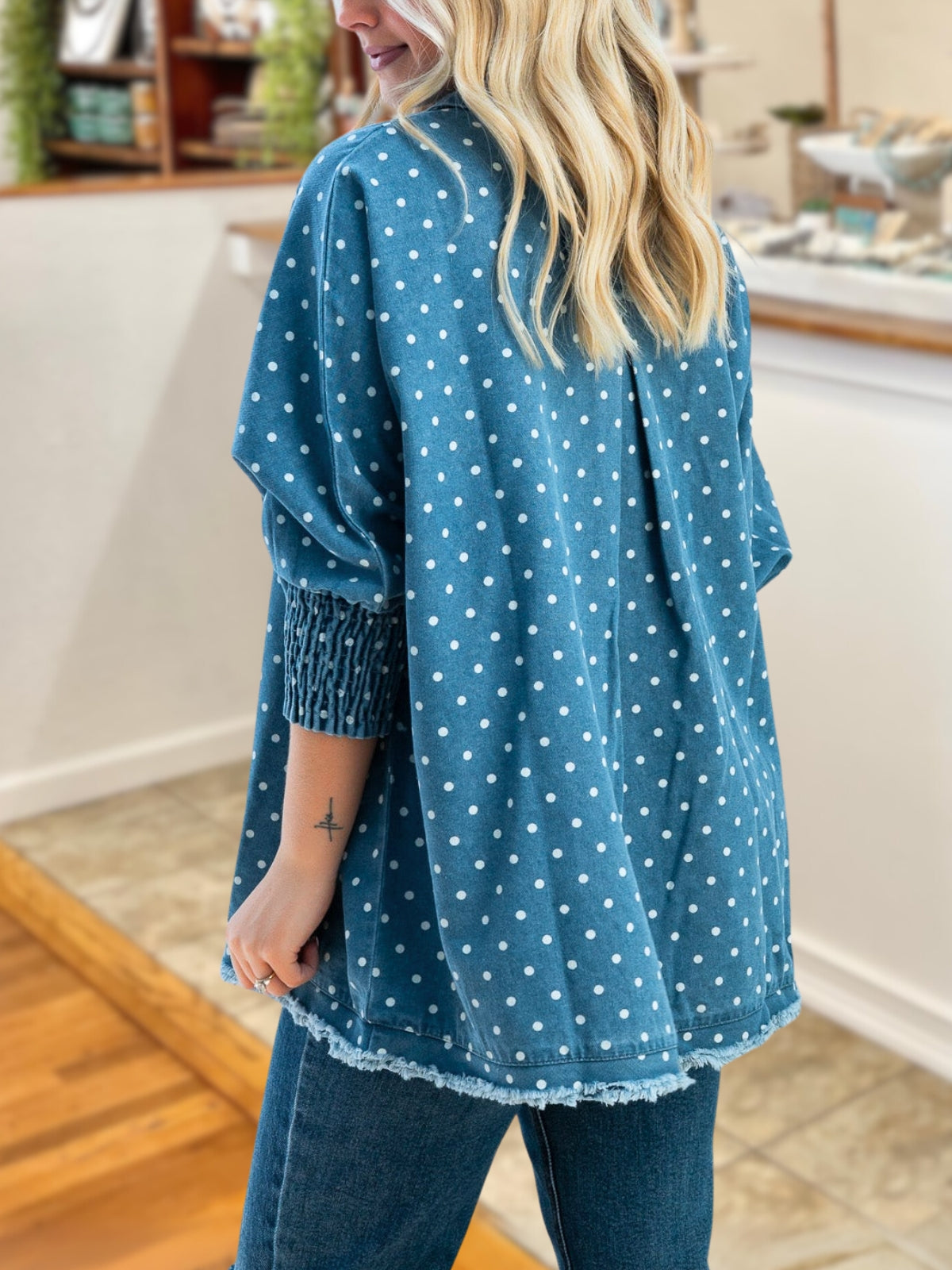 Loose Fitting Polka Dot Denim Top