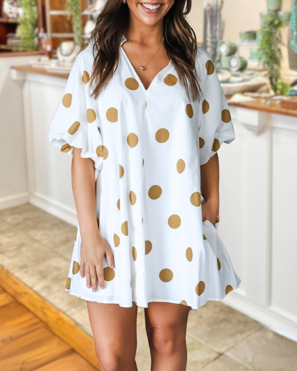 Polka Dot Puff-Sleeve Mini Dress