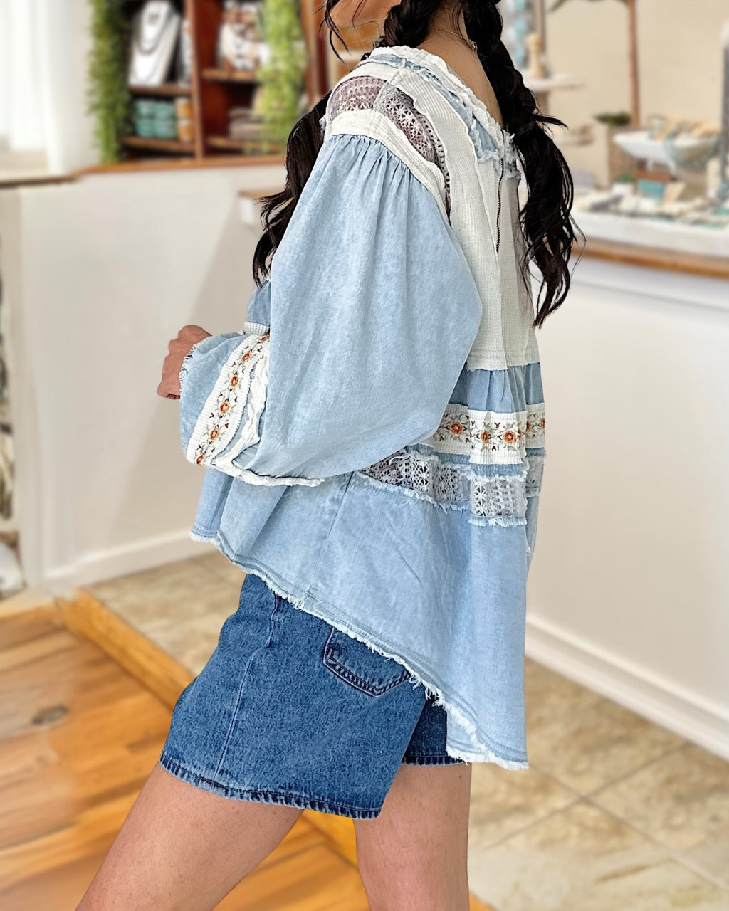 Denim Ribbed Patchwork Top