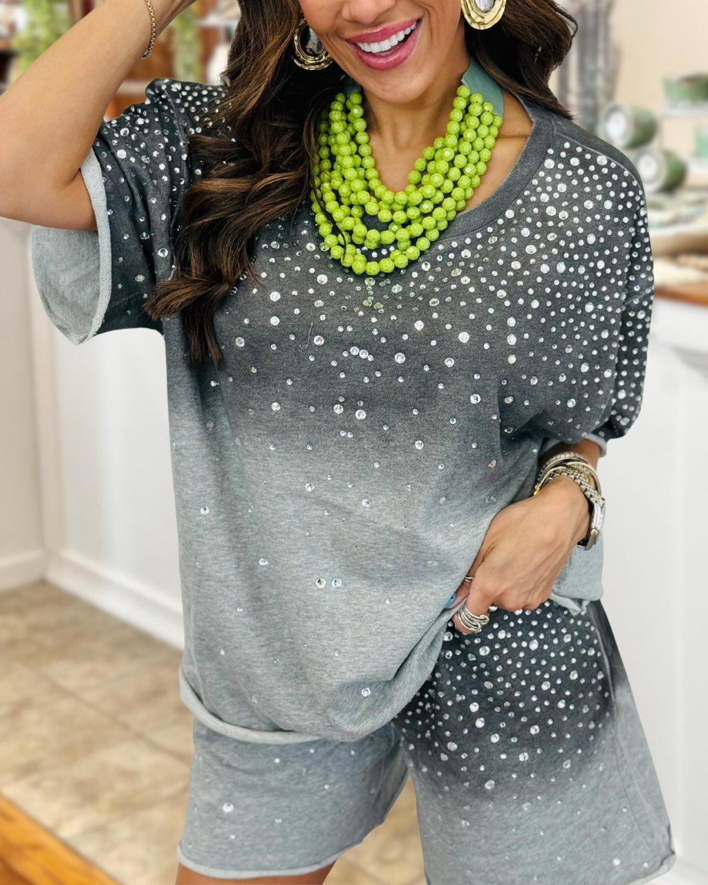 Rhinestone Gradient Shorts Set