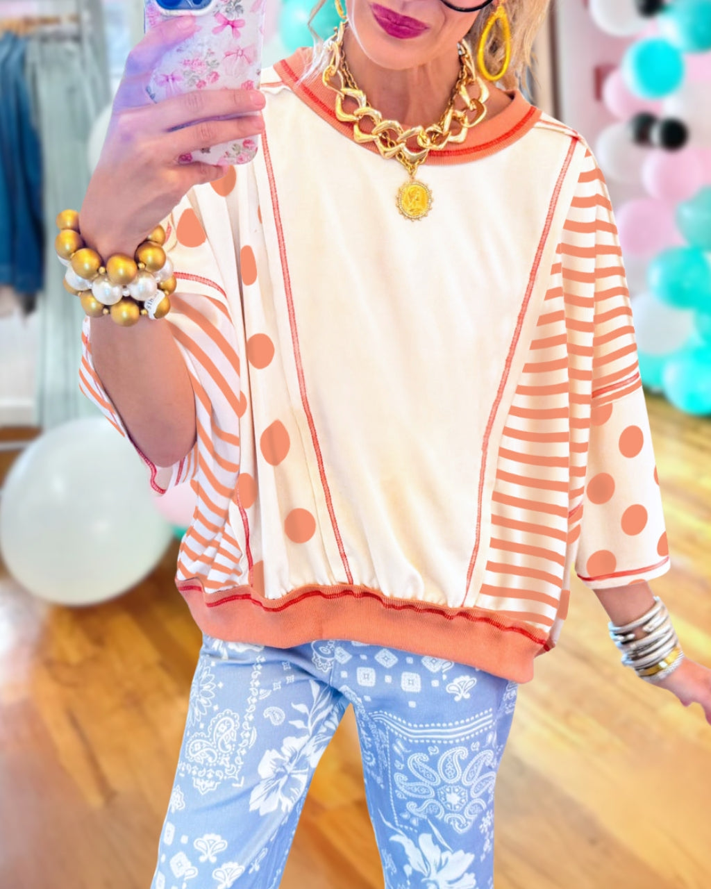 Polka Dot Striped Reverse Seam Top