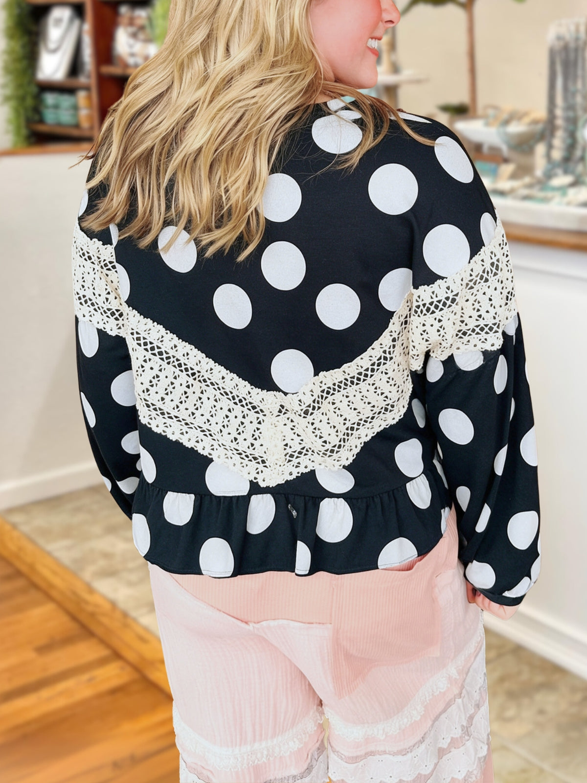 Lace Polka Dot Patchwork Ruffle Top