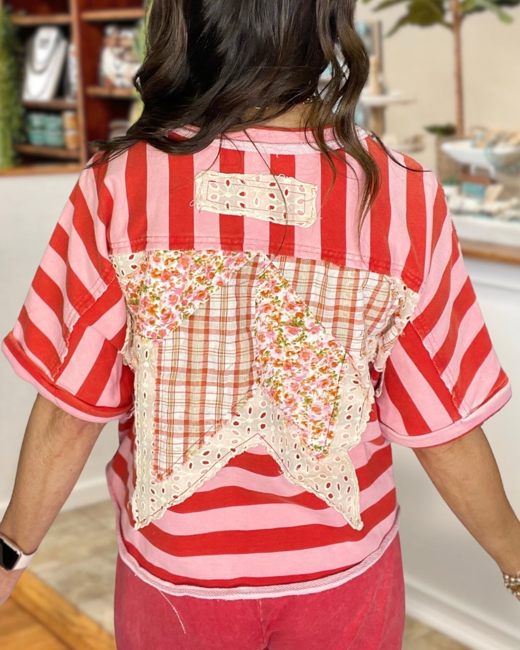 Floral Plaid Patch Striped Top