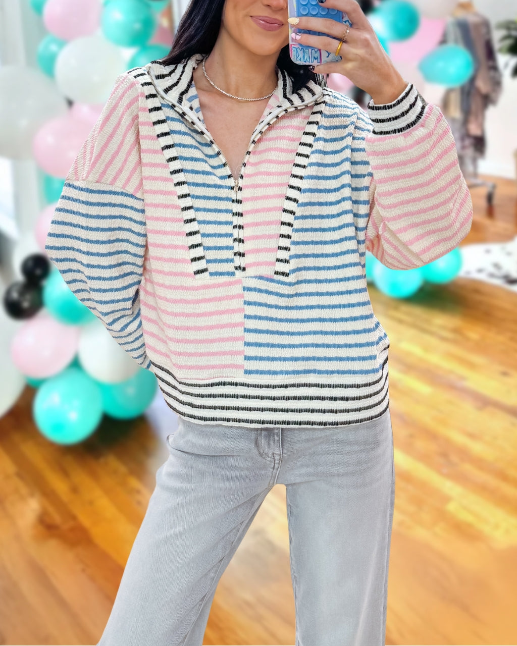 Color Block Striped Half-zip Drop Shoulder Pullover