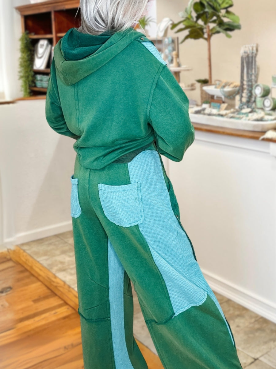 Retro Waffle Patchwork Color-Block Hooded Set