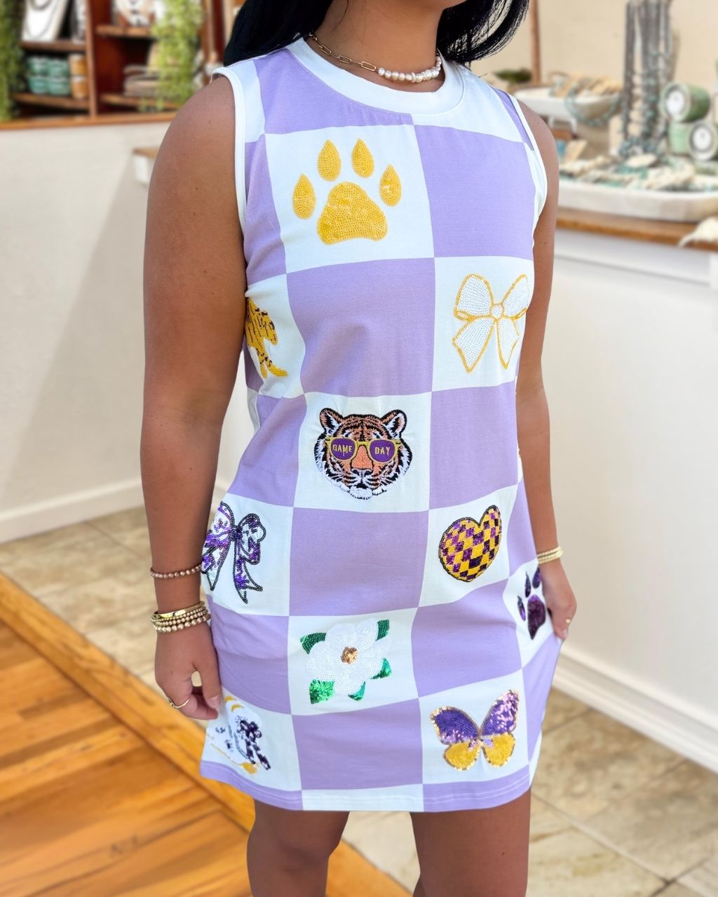 Tigers Game Day Sequin Plaid Sleeveless Dress