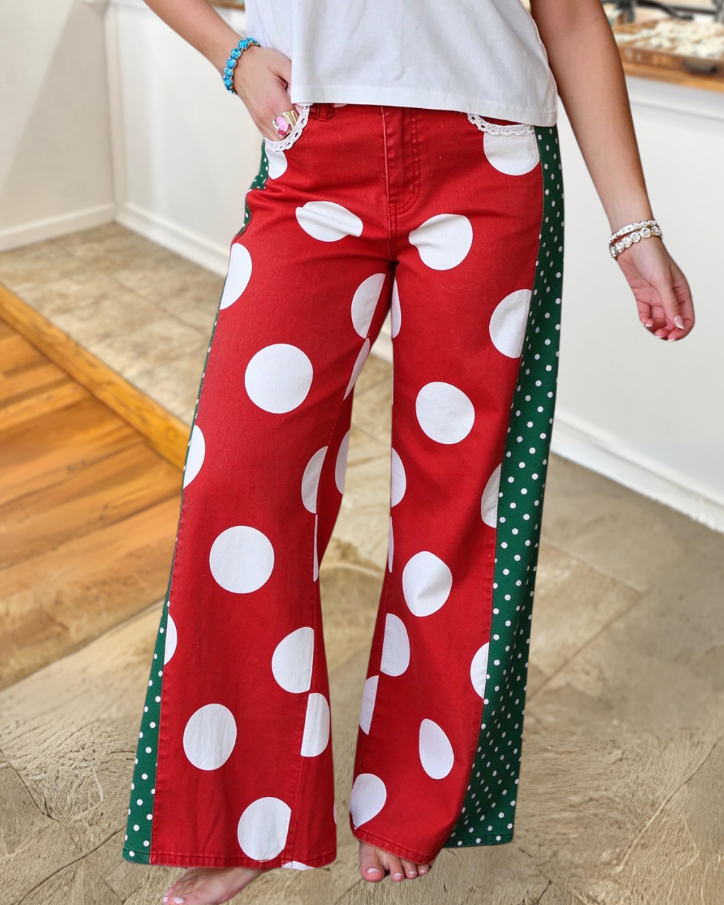 Christmas Polka Dot Patchwork Wide-Leg Pants
