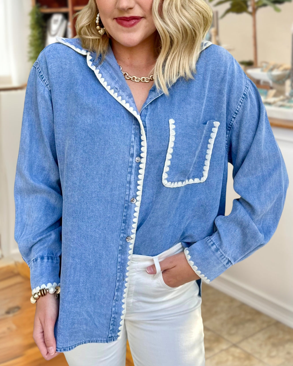 Embroidered Wavy Trim Denim Shirt